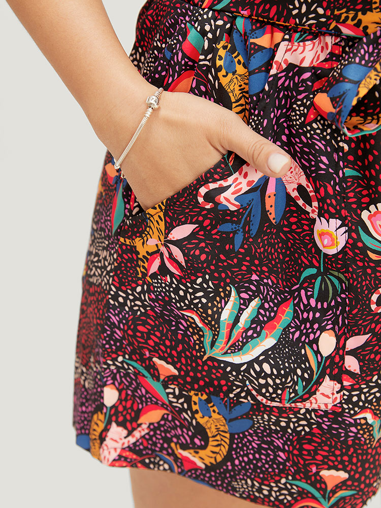 Plus Size Cat & Floral Print Paperbag Waist Belted Pocket Shorts Women Multicolor Casual Belted Dailywear Shorts BloomChic 14-16/1X 