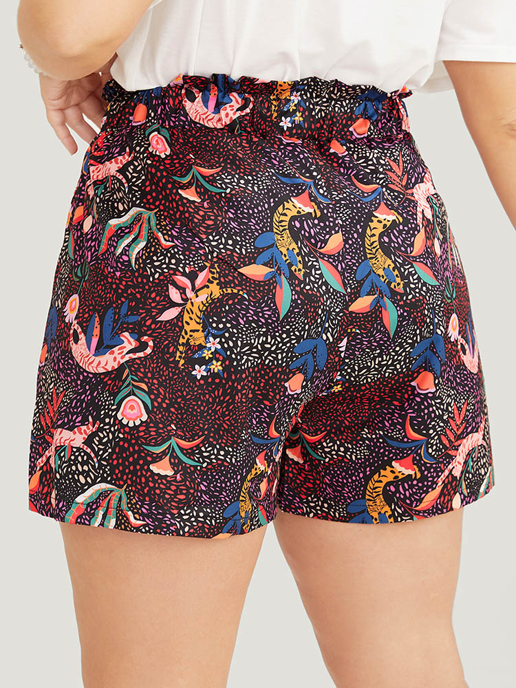 Plus Size Cat & Floral Print Paperbag Waist Belted Pocket Shorts Women Multicolor Casual Belted Dailywear Shorts BloomChic 14-16/1X 