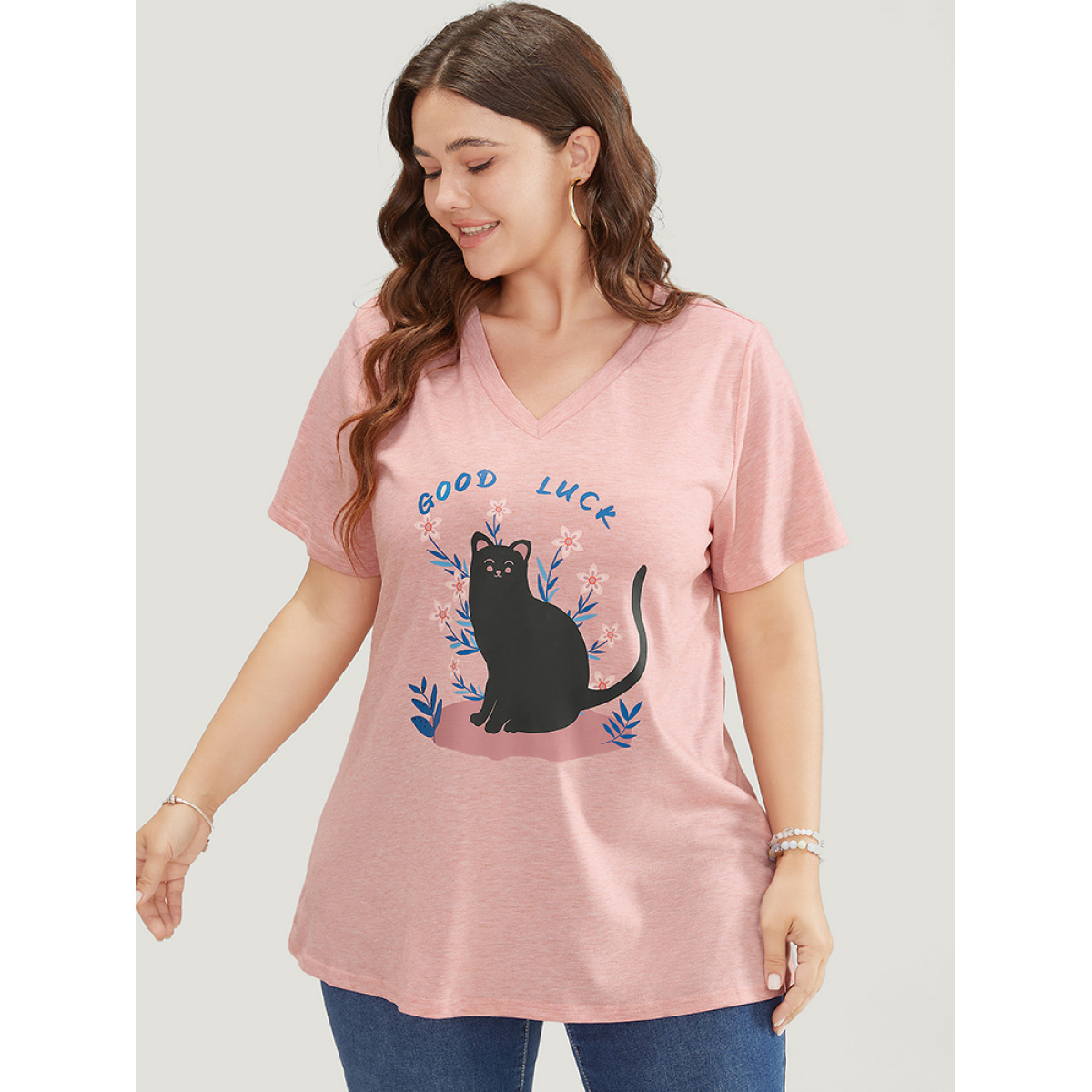 

Plus Size Cat & Floral Print V Neck Heather T-shirt Rouge Women Casual Heather Positive slogan V-neck Dailywear T-shirts BloomChic