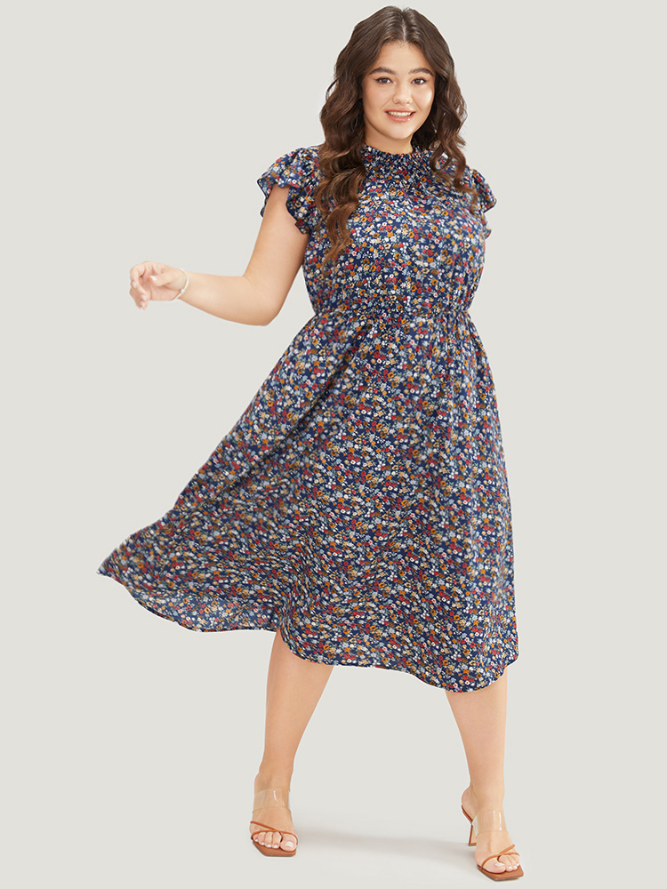 

Plus Size Ditsy Floral Ruffle Sleeve Pocket Frill Trim Mock Neck Dress DarkBlue Women Elegant Pocket Mock Neck Half Sleeve Curvy Midi Dress BloomChic