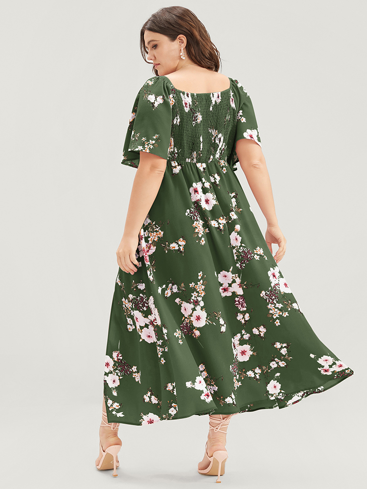 

Plus Size Floral Square Neck Ruffles Pocket Shirred Split Dress ArmyGreen Women Elegant Non Square Neck Short sleeve Curvy BloomChic