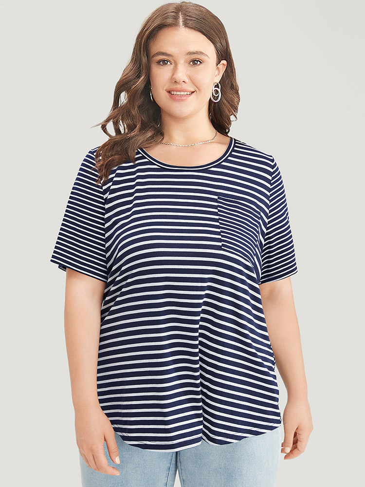 Plus Size Women Dailywear Striped Regular Sleeve Short sleeve Round Neck Casual T-shirts BloomChic 