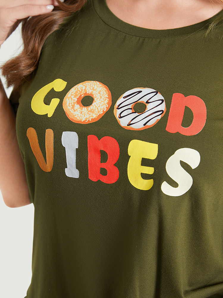 

Plus Size Donut & Letter Print Round Neck Graphic Tee ArmyGreen Women Casual Art&design Dailywear T-shirts BloomChic