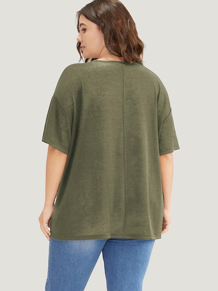 

Plus Size Plain Drop Shoulder Sheer V Neck T-shirt Sage Women Vacation Plain V-neck Dailywear T-shirts BloomChic