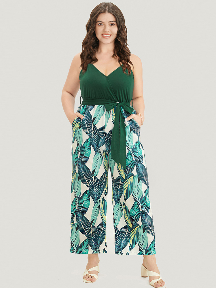 

Plus Size DarkGreen Tropical Patchwork Surplice Neck Pocket Belt Cami Jumpsuit Women Vacation Sleeveless Spaghetti Strap Dailywear Loose Jumpsuits BloomChic