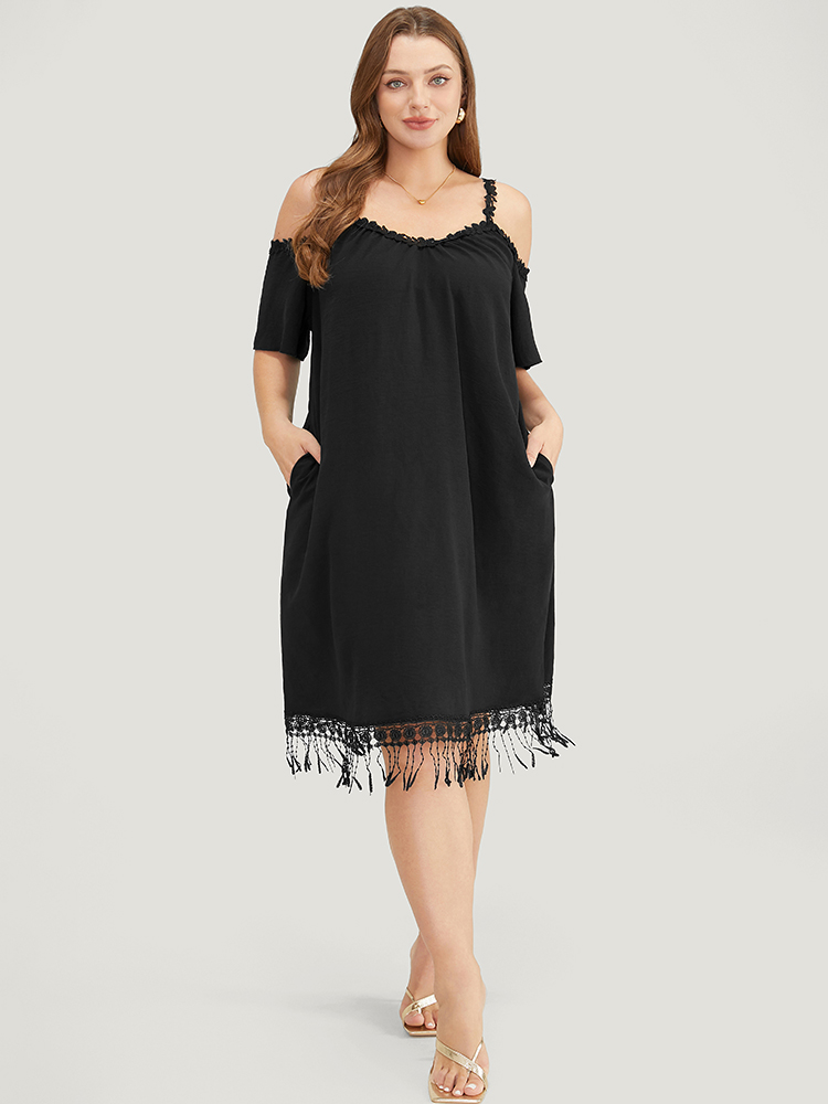 

Plus Size Solid Cold Shoulder Pocket Lace Fringe Hem Dress Black Women Casual Plain Cold Shoulder Short sleeve Curvy Knee Dress BloomChic