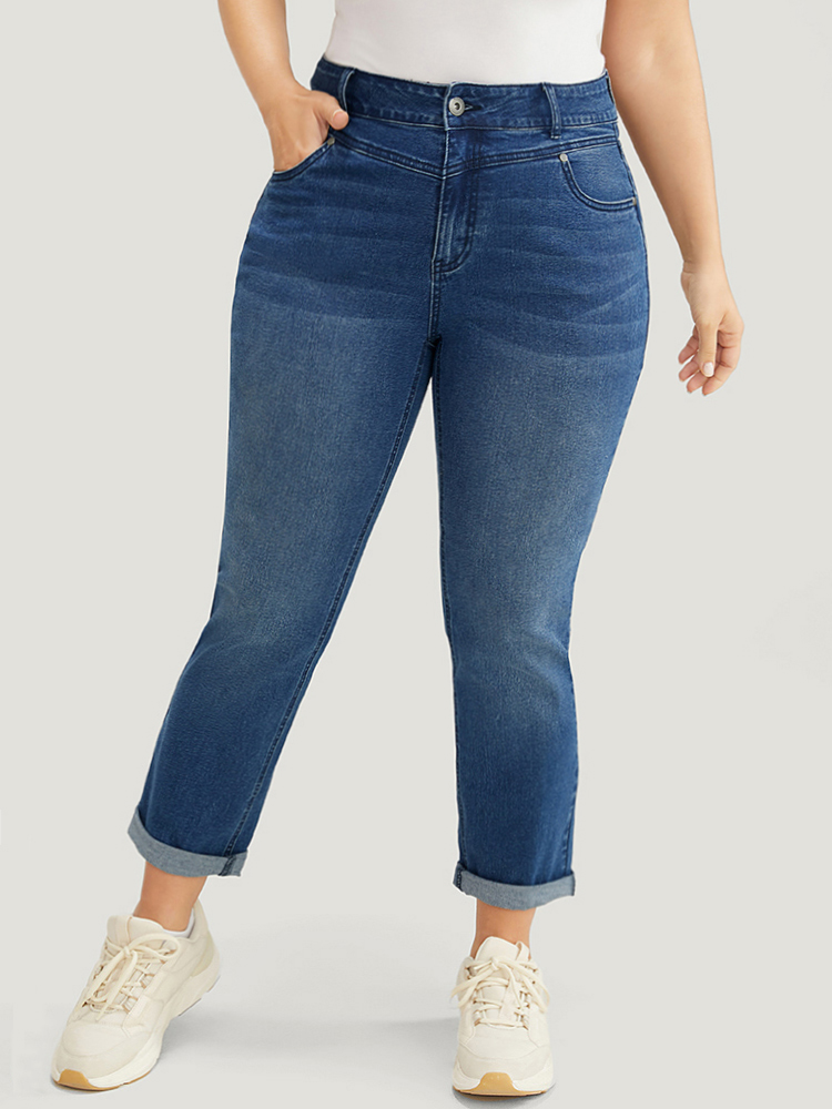 

Plus Size Very Stretchy High Rise Medium Wash Roll Hem Jeans Women Blue Casual Plain High stretch Pocket Jeans BloomChic