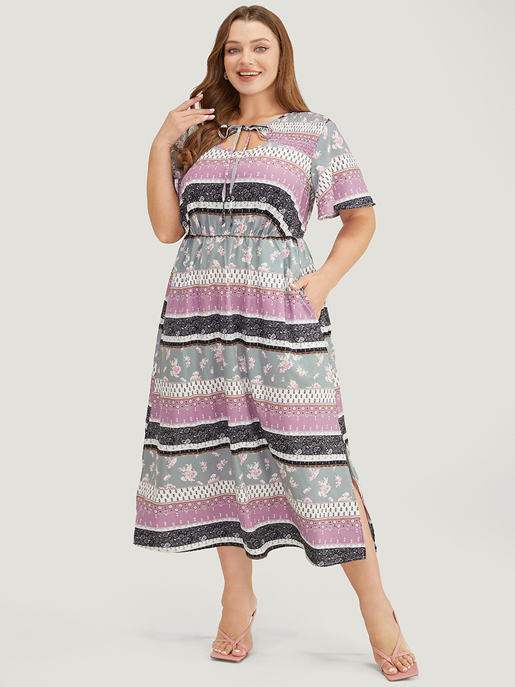 Plus Size Women Dailywear Bohemian Print Printed Ruffle Sleeve Short sleeve Keyhole Cut-Out Pocket Elegant Dresses BloomChic 