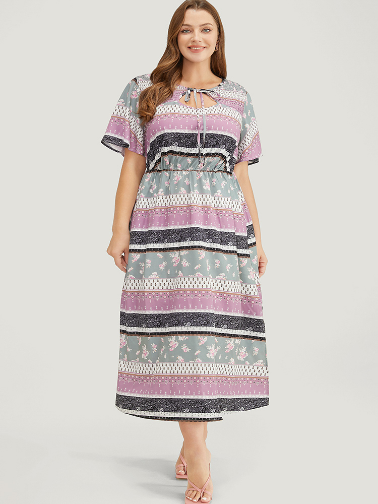 Plus Size Women Dailywear Bohemian Print Printed Ruffle Sleeve Short sleeve Keyhole Cut-Out Pocket Elegant Dresses BloomChic 