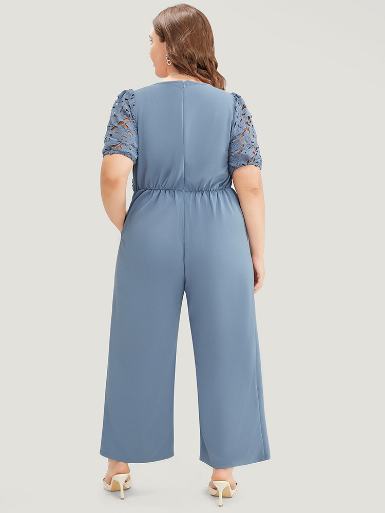 Plus Size Stone Solid Lace Notched Square Neck Pocket Pleated Jumpsuit Women Glamour Short sleeve V-neck Going out Loose Jumpsuits BloomChic 14-16/1X 