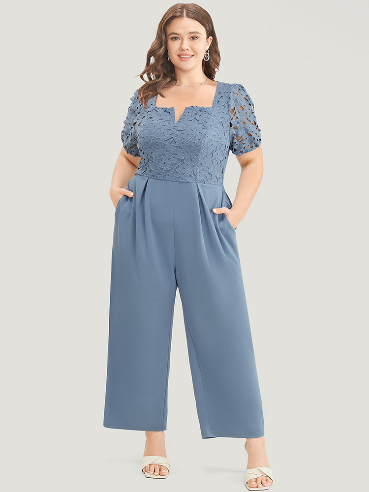 

Plus Size Stone Solid Lace Notched Square Neck Pocket Pleated Jumpsuit Women Glamour Short sleeve V-neck Going out Loose Jumpsuits BloomChic