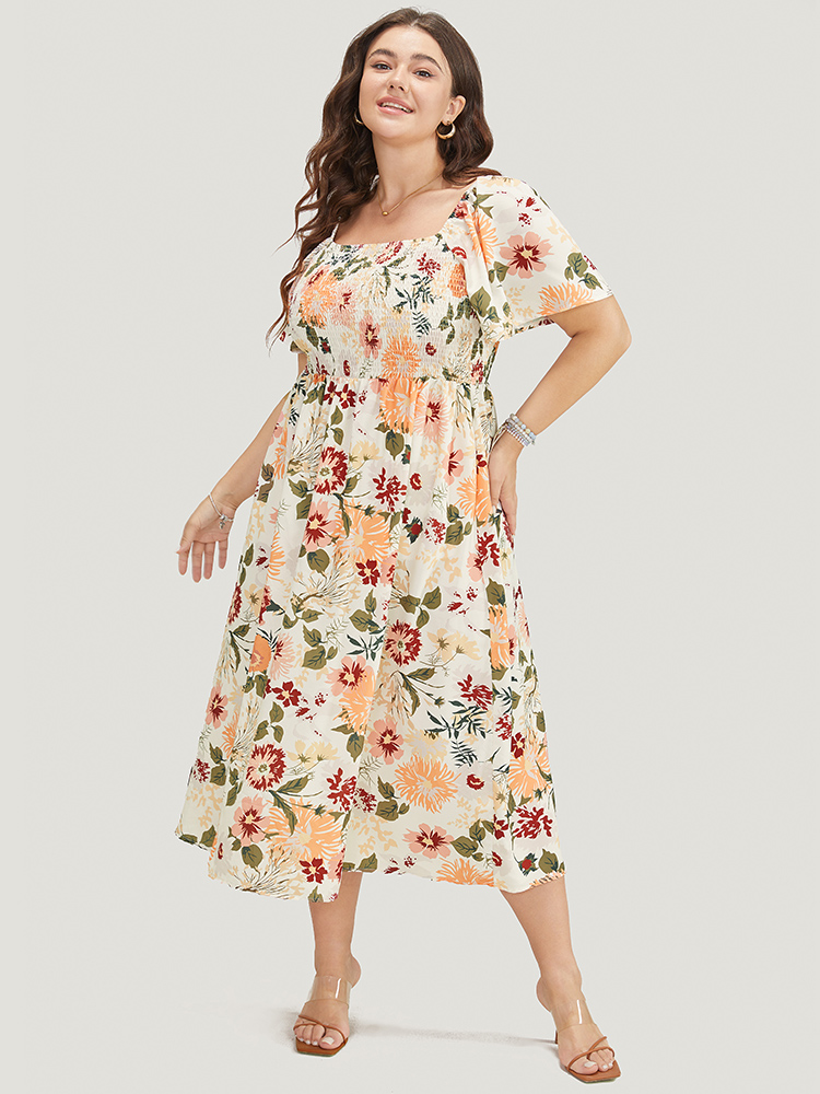 

Plus Size Floral Backless Shirred Square Neck Pocket Ruffle Hem Dress Orange Women Elegant Non Square Neck Short sleeve Curvy Midi Dress BloomChic