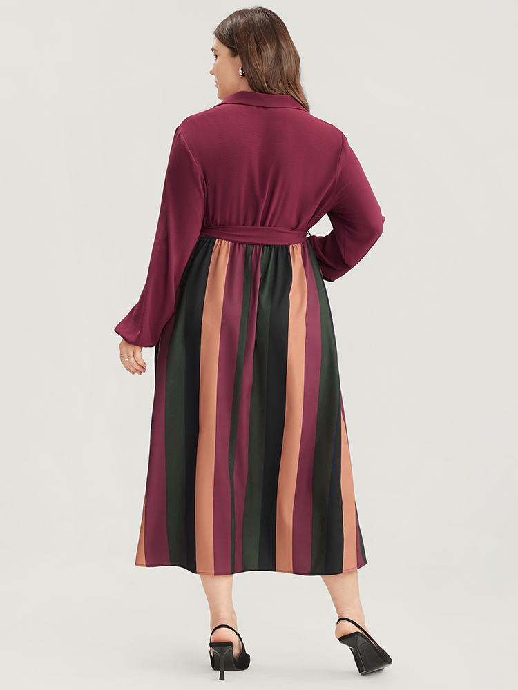 Plus Size Solid Patchwork Wrap Pocket Lantern Sleeve Belted Striped Dress Multicolor Women Office Patchwork V-neck Long Sleeve Curvy Midi Dress BloomChic 10/M 