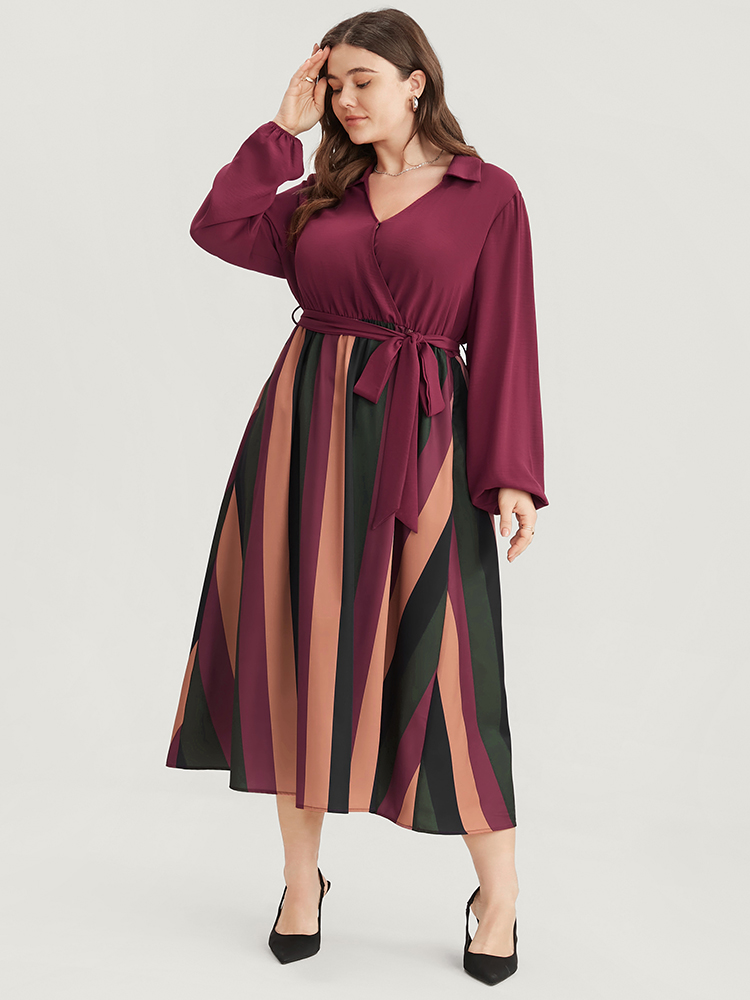 Plus Size Solid Patchwork Wrap Pocket Lantern Sleeve Belted Striped Dress Multicolor Women Office Patchwork V-neck Long Sleeve Curvy Midi Dress BloomChic 10/M 