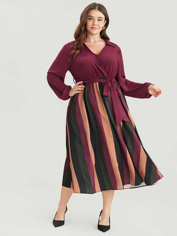 Plus Size Solid Patchwork Wrap Pocket Lantern Sleeve Belted Striped Dress Multicolor Women Office Patchwork V-neck Long Sleeve Curvy Midi Dress BloomChic 10/M 