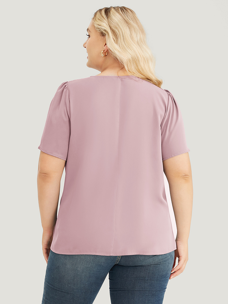 

Plus Size Lilac Solid Pleated Detail Keyhole Puff Sleeve Blouse Women Office Short sleeve Round Neck Work Blouses BloomChic