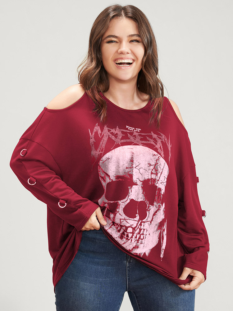 Plus Size Women Dailywear Skull Print Printed Regular Regular Sleeve Long Sleeve Cold Shoulder Elegant Sweatshirts BloomChic 