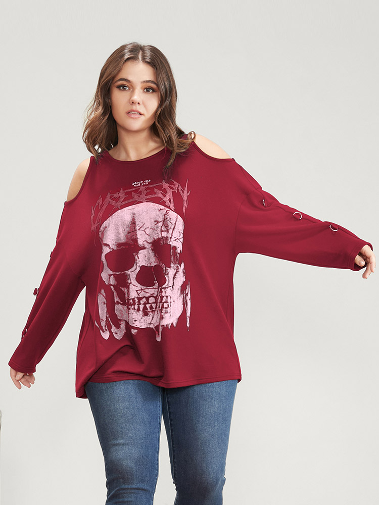 Plus Size Women Dailywear Skull Print Printed Regular Regular Sleeve Long Sleeve Cold Shoulder Elegant Sweatshirts BloomChic 