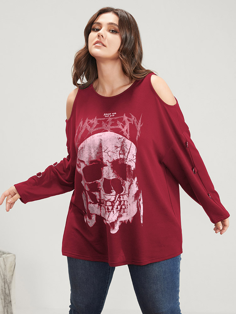 Plus Size Women Dailywear Skull Print Printed Regular Regular Sleeve Long Sleeve Cold Shoulder Elegant Sweatshirts BloomChic 