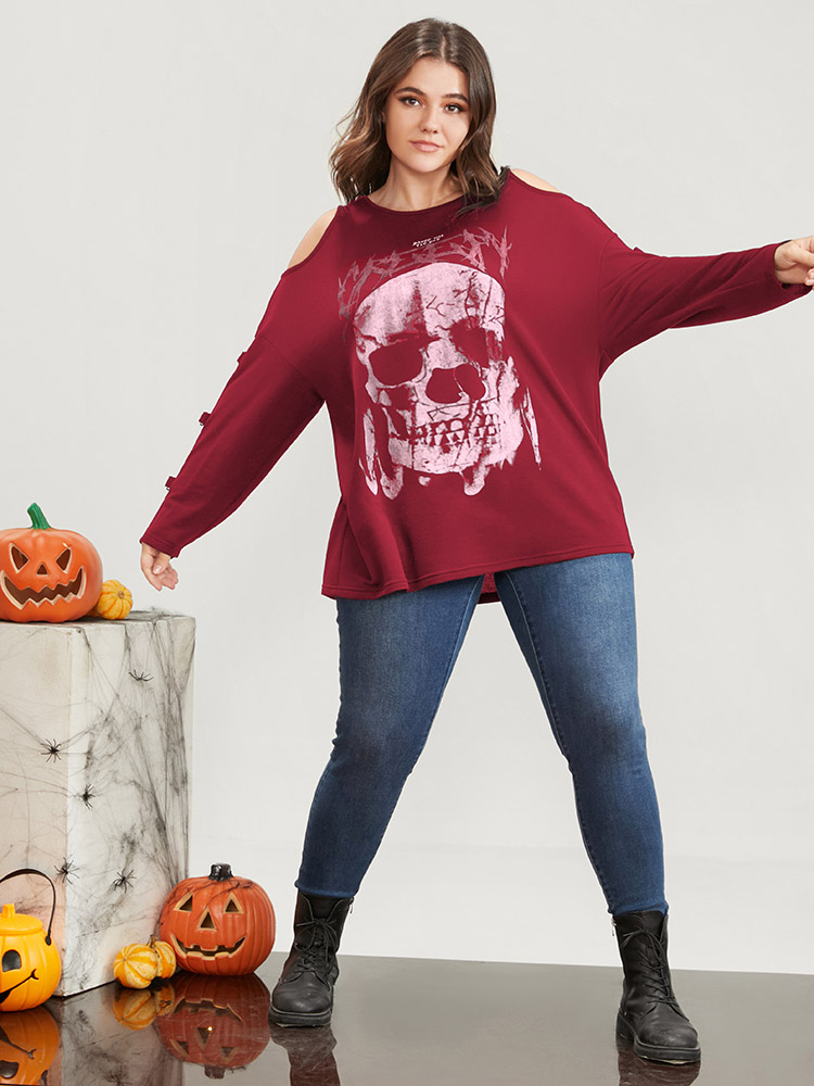 Plus Size Women Dailywear Skull Print Printed Regular Regular Sleeve Long Sleeve Cold Shoulder Elegant Sweatshirts BloomChic 