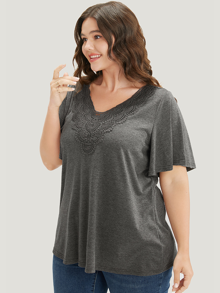 

Plus Size Solid Ruffle Sleeve Lace V Neck T-shirt Gray V-neck Short sleeve Elegant Jersey Tops