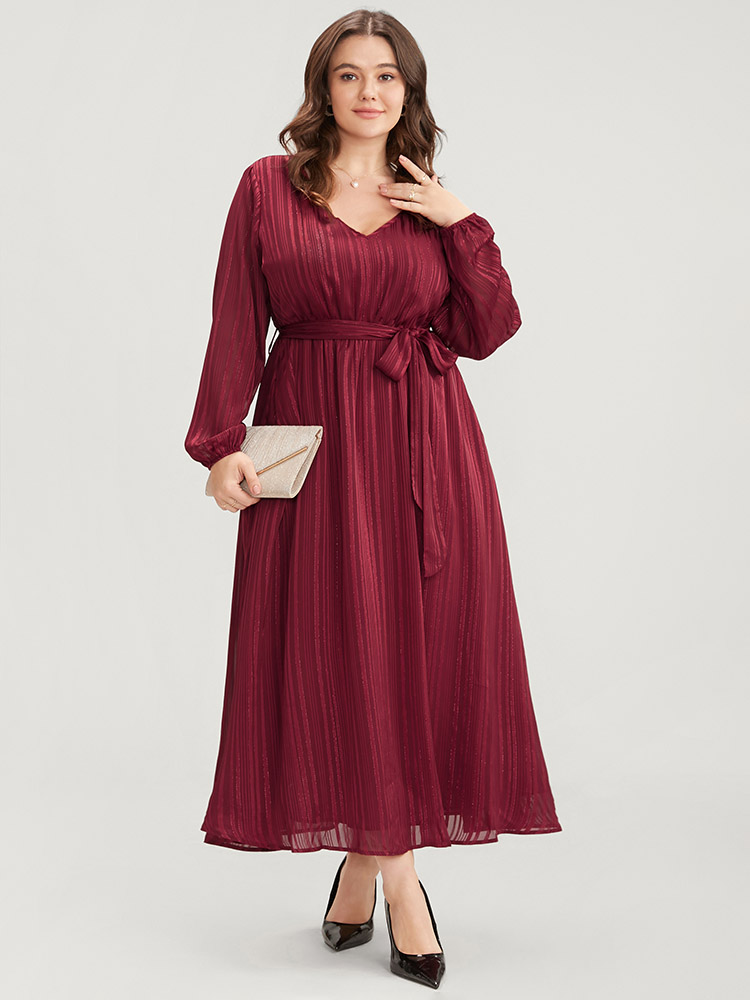 

Plus Size Solid Pocket Lantern Sleeve Belted Sequin Dress Burgundy Women Party Pocket V-neck Long Sleeve Curvy Long Dress BloomChic