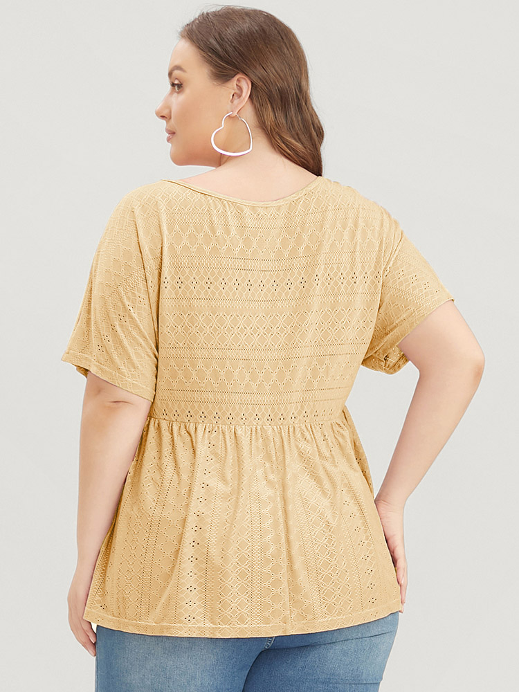 

Plus Size Plain Round Neck Broderie Anglaise Ruffles T-shirt Yellow Round Neck Short sleeve Elegant Jersey Tops