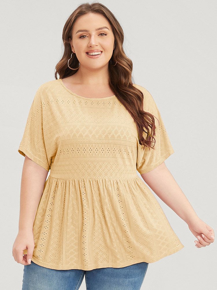 

Plus Size Plain Round Neck Broderie Anglaise Ruffles T-shirt Yellow Round Neck Short sleeve Elegant Jersey Tops