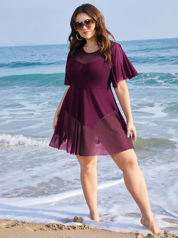 

Plus Size Solid Mesh Patchwork Ruffle Sleeve Swim Dress Women's Swimwear RedViolet Vacation Bodycon Round Neck High stretch Curve Swim Dresses BloomChic