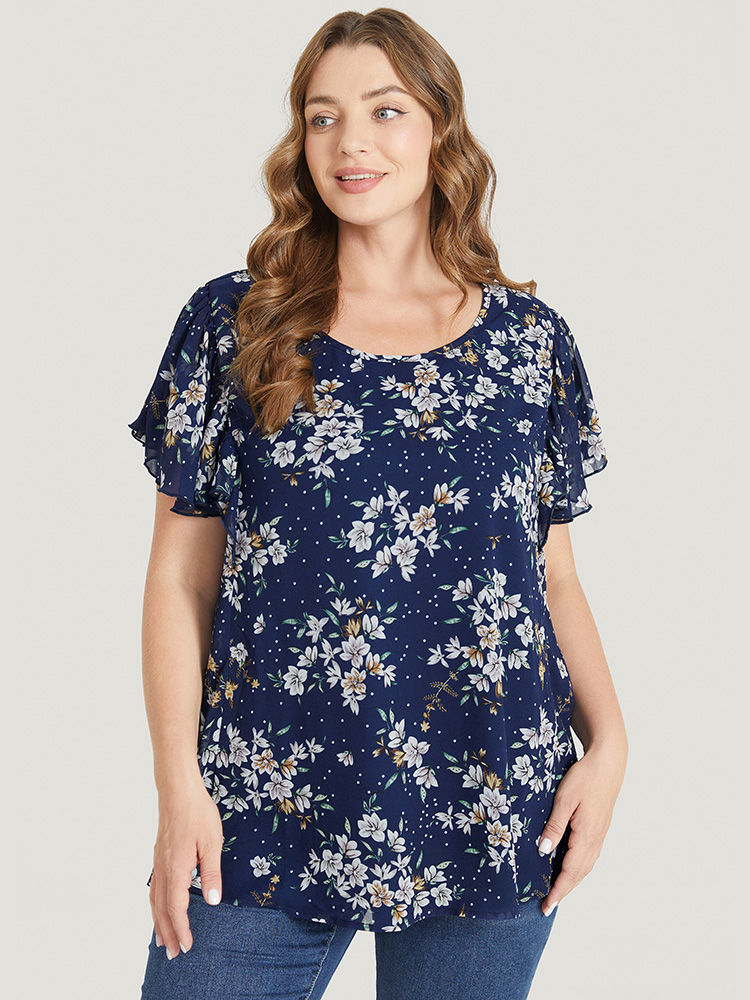 

Plus Size Indigo Floral Printed Ruffle Sleeve Round Neck Blouse Women Elegant Short sleeve Round Neck Dailywear Blouses BloomChic