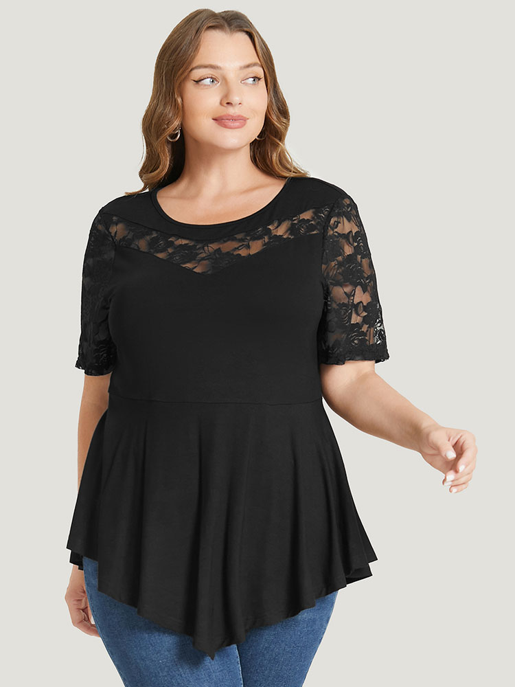 

Solid Lace Mesh Asymmetrical Hem T-shirt, Black