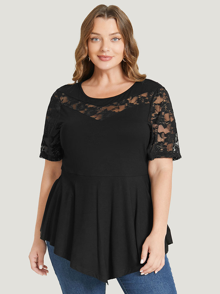 

Plus Size Solid Lace Mesh Asymmetrical Hem T-shirt Black Round Neck Short sleeve Elegant Jersey Tops