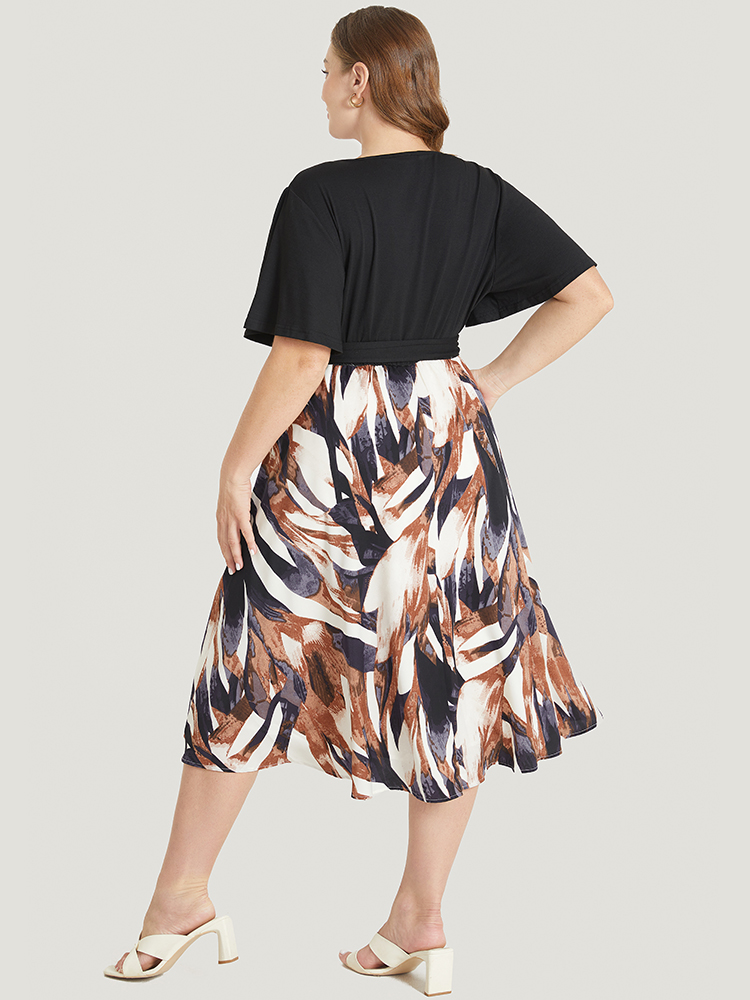 Plus Size Women Dailywear Geometric Lined Ruffle Sleeve Short sleeve V-neck Pocket Belt Office Dresses BloomChic 