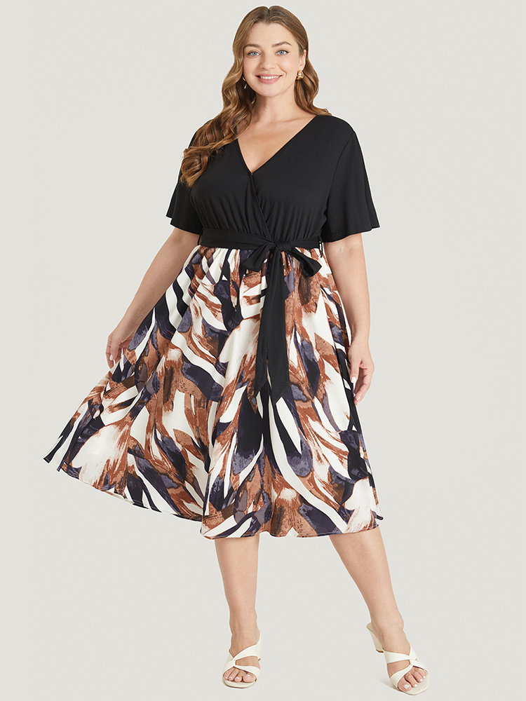 Plus Size Women Dailywear Geometric Lined Ruffle Sleeve Short sleeve V-neck Pocket Belt Office Dresses BloomChic 