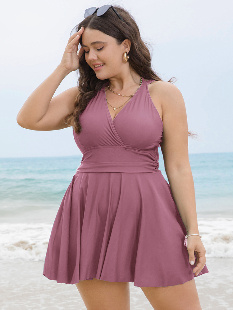 

Plus Size Solid Ruffle Hem Empire Waist Halter Neck Swim Dress Women's Swimwear Lilac Beach Bodycon Halter neck High stretch Curve Swim Dresses BloomChic