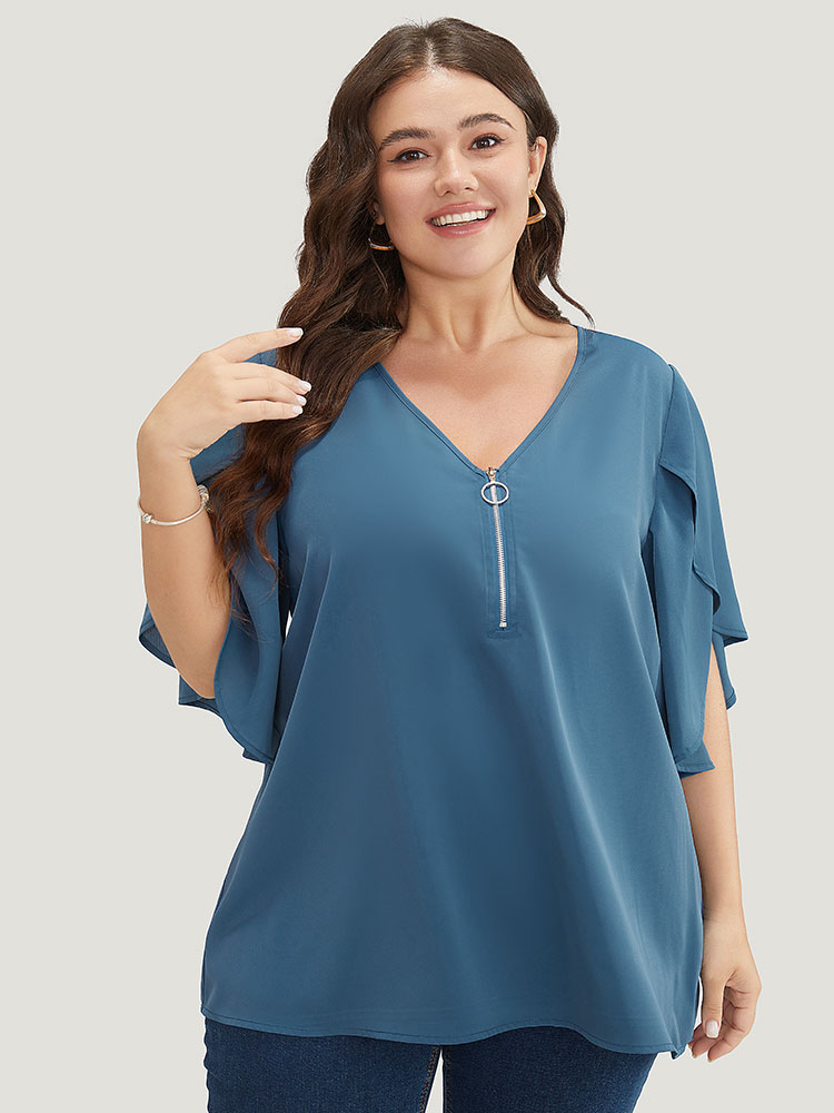 

Plus Size Cerulean Solid Half Zipper Split Petal Sleeve Blouse Women Office Half Sleeve V-neck Work Blouses BloomChic