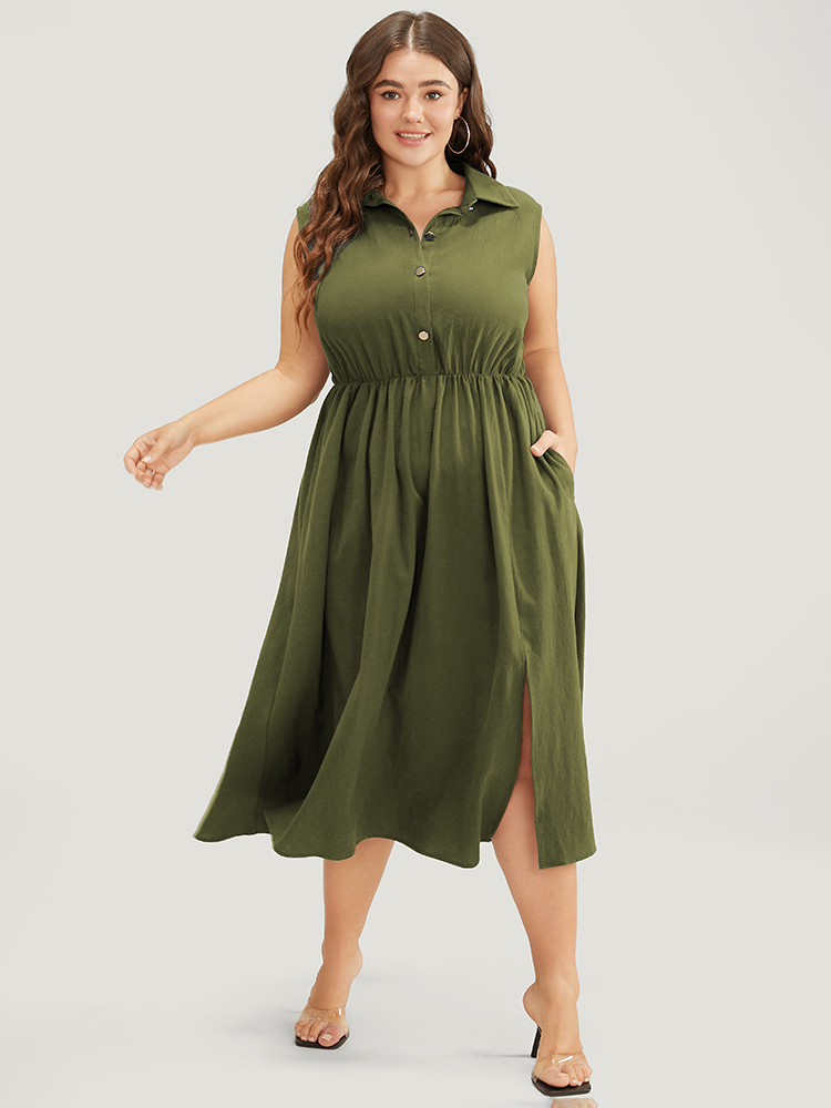 

Plus Size Solid Shirt Collar Sleeveless Pocket Button Up Split Hem Dress ArmyGreen Women Office Button Shirt collar Sleeveless Curvy Midi Dress BloomChic