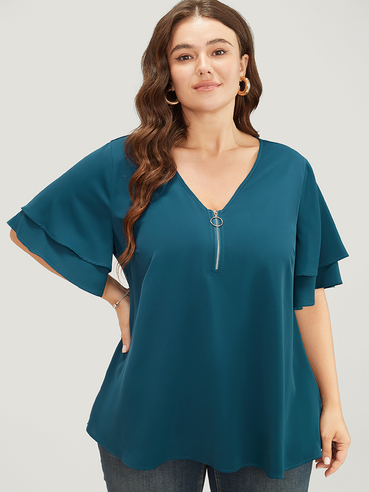 

Plus Size Cyan Solid Tiered Sleeve Half Zipper Blouse Women Office Short sleeve V-neck Work Blouses BloomChic