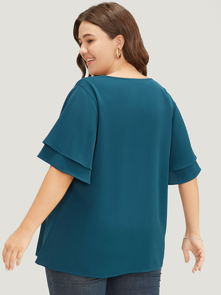 

Plus Size Cyan Solid Tiered Sleeve Half Zipper Blouse Women Office Short sleeve V-neck Work Blouses BloomChic