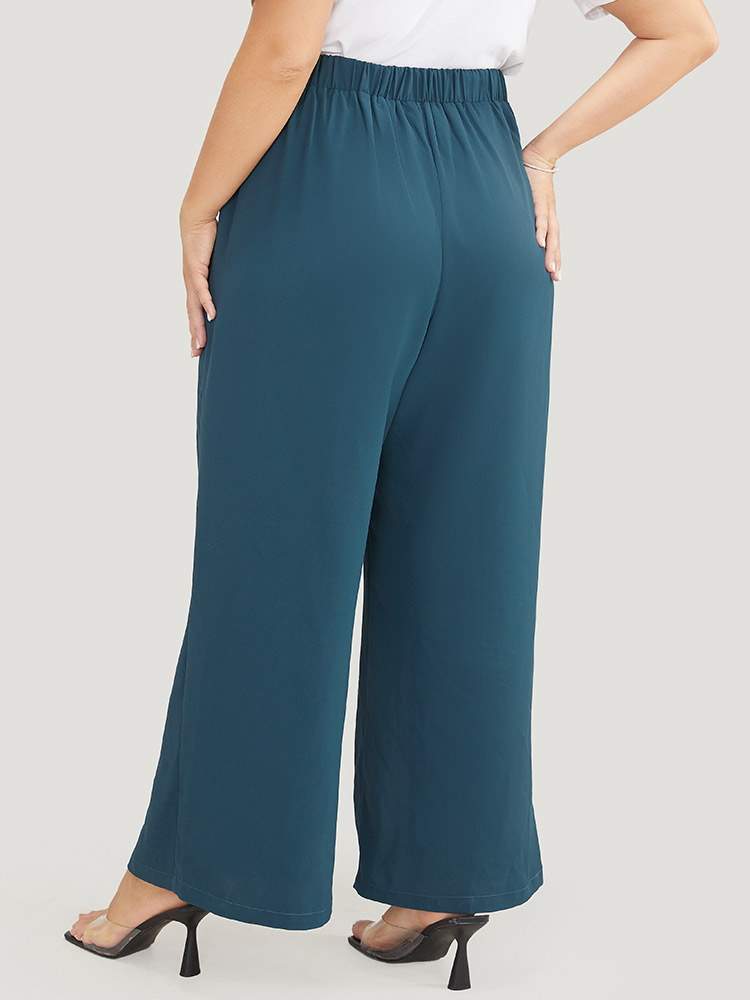 

Plus Size Split Hem Elastic Waist Pocket Pants Women Cyan Office Mid Rise Work Pants BloomChic