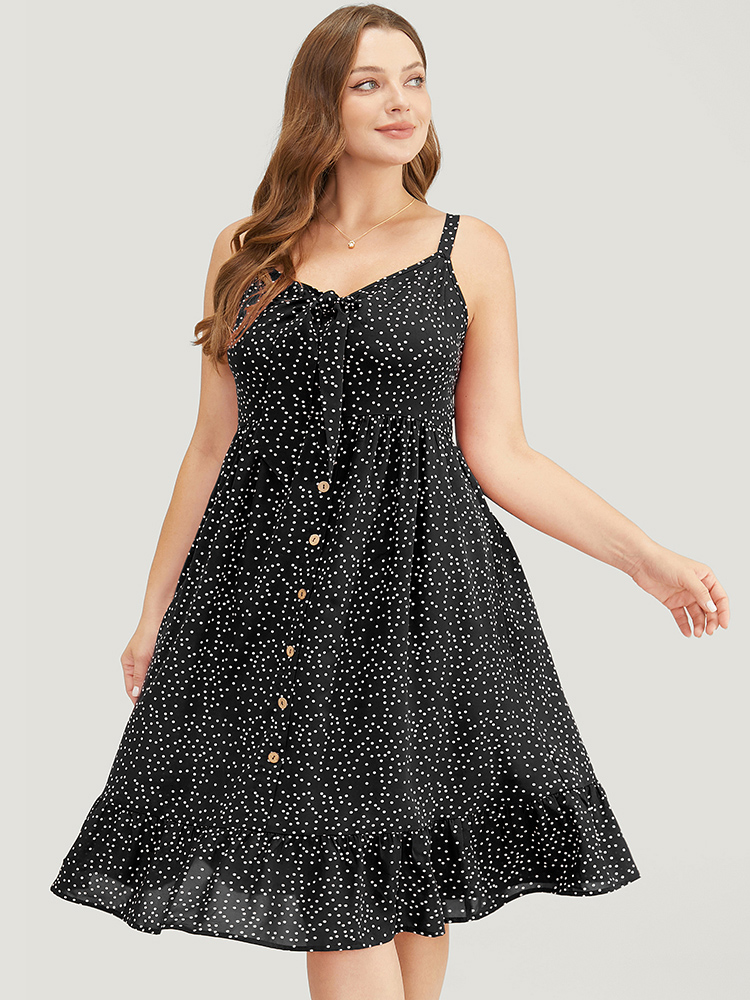 

Plus Size Polka Dot Button Detail Knotted Pocket Cami Dress Black Women Elegant Adjustable Straps Spaghetti Strap Sleeveless Curvy Knee Dress BloomChic