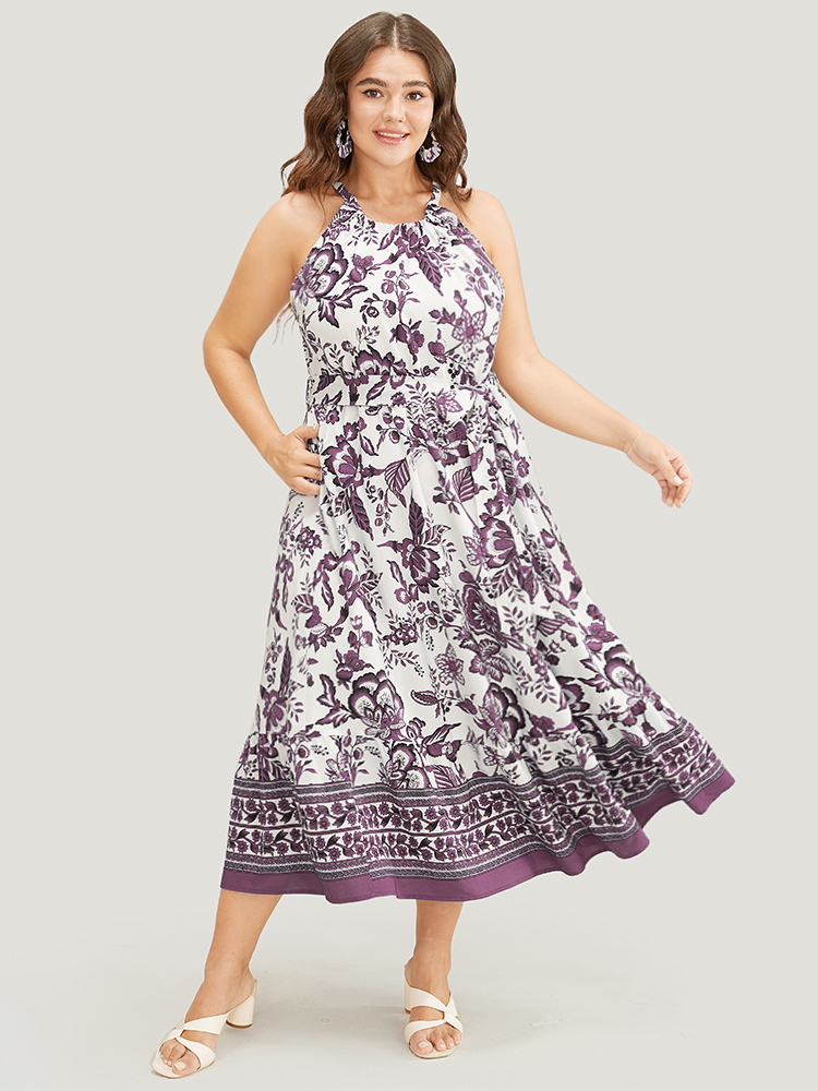 

Plus Size Bandana Print Knotted Flutter Hem Pocket Belted Halter Dress Mauve Women Vacation Knotted Halter neck Sleeveless Curvy Midi Dress BloomChic