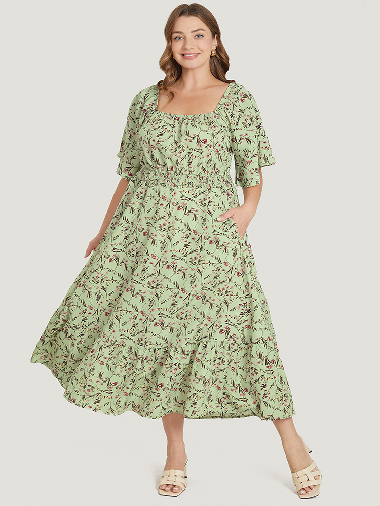 

Plus Size Ditsy Floral Pocket Square Neck Shirred Ruffles Dress LightGreen Women Elegant Non Square Neck Short sleeve Curvy Midi Dress BloomChic