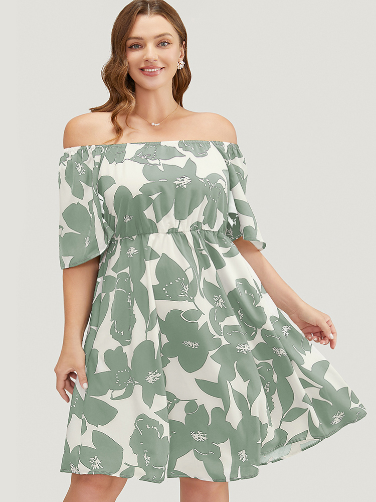 

Plus Size Floral Ruffle Sleeve Pocket Off Shoulder Dress LightGreen Women Elegant Pocket One-shoulder neck Short sleeve Curvy Knee Dress BloomChic