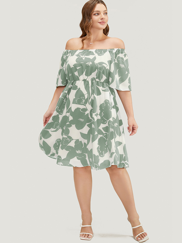 Plus Size Floral Ruffle Sleeve Pocket Off Shoulder Dress LightGreen Women Elegant Pocket One-shoulder neck Short sleeve Curvy Knee Dress BloomChic 18-20/2X 