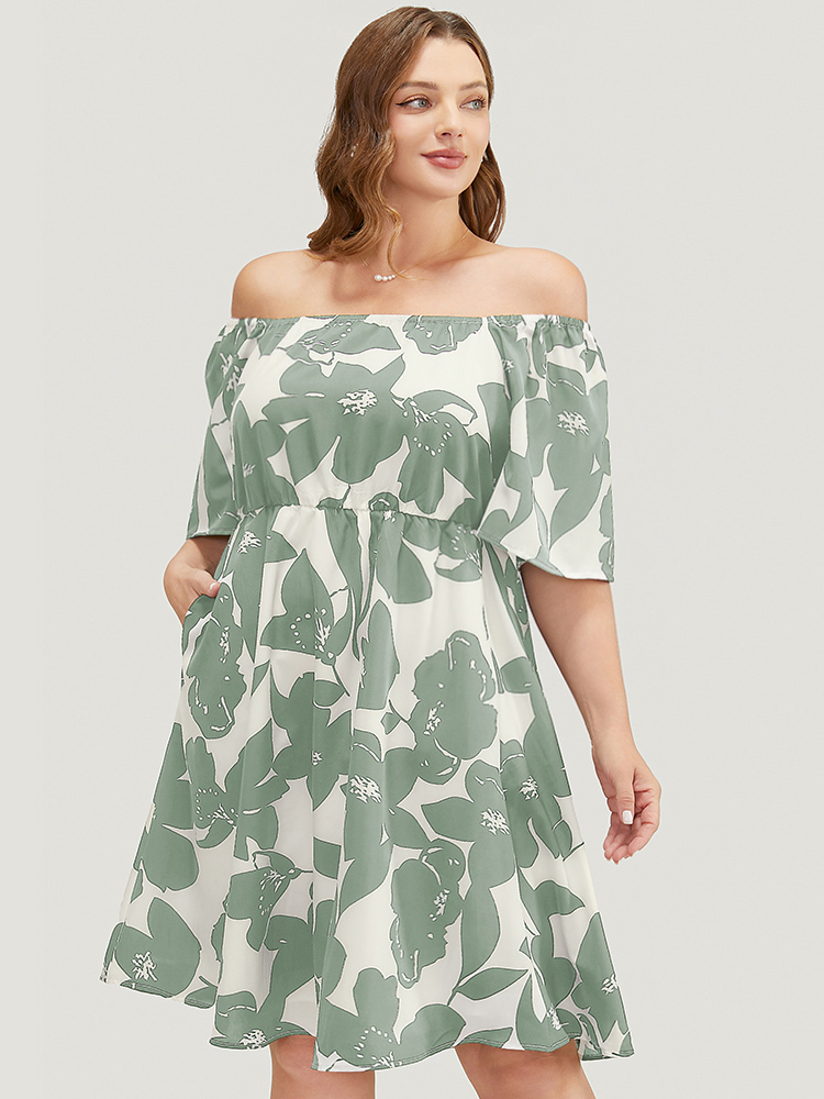 Plus Size Floral Ruffle Sleeve Pocket Off Shoulder Dress LightGreen Women Elegant Pocket One-shoulder neck Short sleeve Curvy Knee Dress BloomChic 18-20/2X 