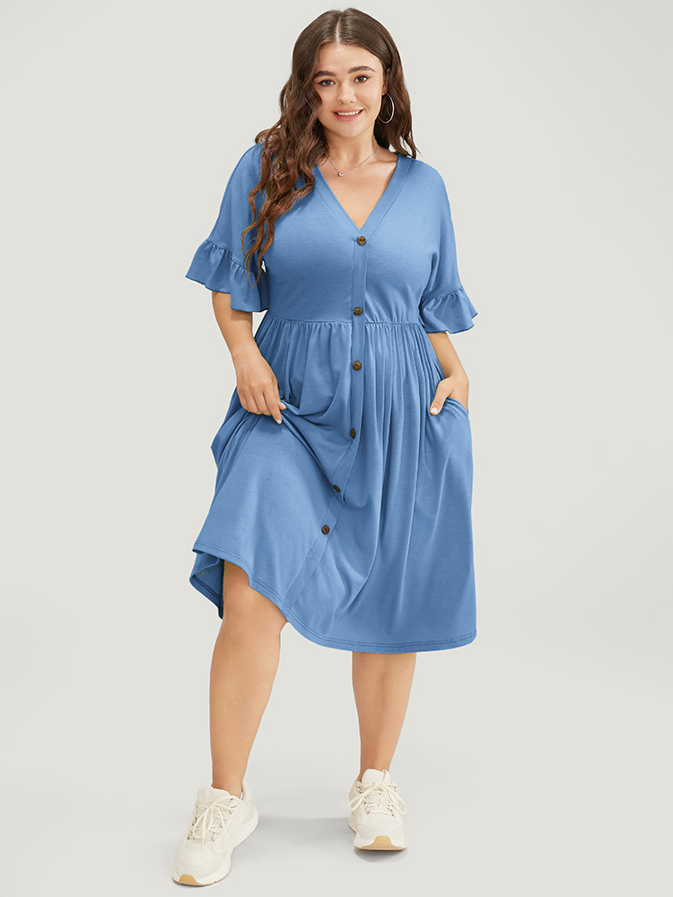Plus Size Women Dailywear Plain Button Ruffle Sleeve Short sleeve V-neck Pocket Casual Dresses BloomChic 