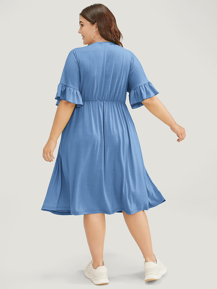 Plus Size Women Dailywear Plain Button Ruffle Sleeve Short sleeve V-neck Pocket Casual Dresses BloomChic 