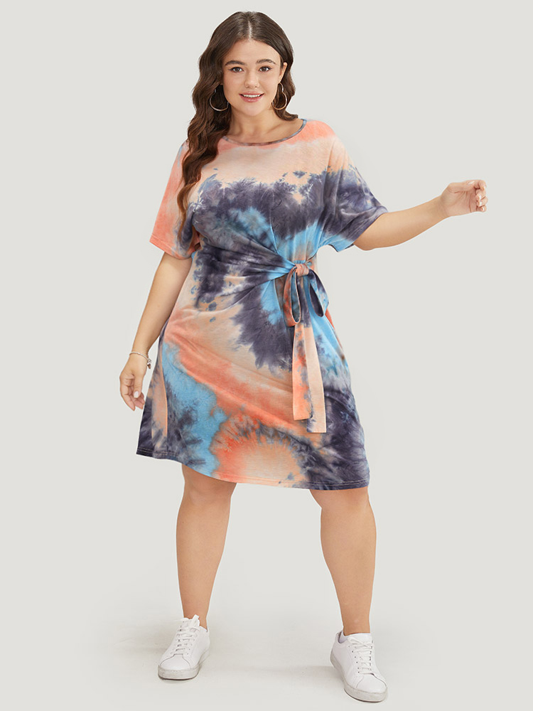 

Plus Size Tie Dye Pocket Knotted Front Batwing Sleeve Knee Dress Multicolor Women Casual Knotted Round Neck Short sleeve Curvy Knee Dress BloomChic