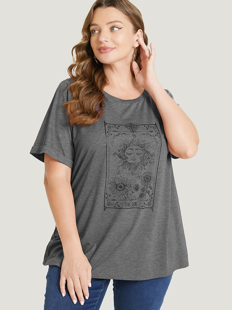 

Plus Size Sunflower & Sun Print Roll Sleeve T-shirt Gray Women Casual Natural Flowers Round Neck Everyday T-shirts BloomChic